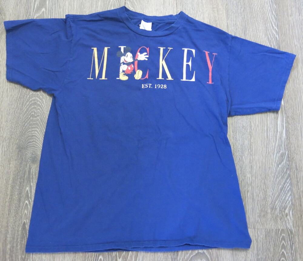 DISNEY MICKEY MOUSE Spell Out Retro T Shirt Size L Short Sleeve Blue Casual